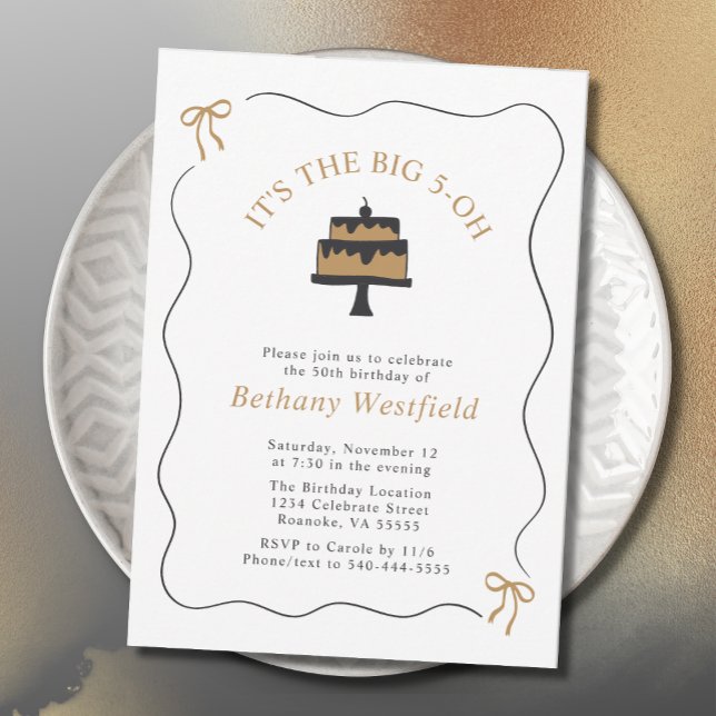 Invitation Bordure vague avec vaches de Whimsical 50e anniver (50th Birthday Whimsical Wavy Border with Bows Party Invitation)