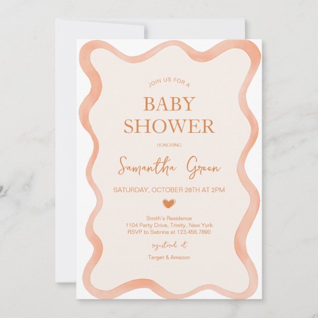 Invitation Bordure vague Baby shower rustique orange (Devant)