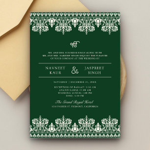 Invitation Bordure verte ivoire Damask Anand Karaj Sikh Maria
