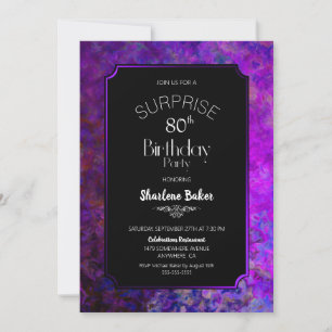 Invitation Bordure violette Black Surprise 80e fête d'anniver