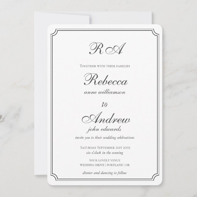 Invitation Bordures de monogramme élégantes mariage noir et b (Devant)