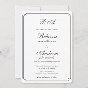 Invitation Bordures de monogramme élégantes mariage noir et b