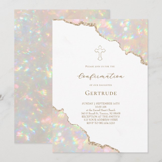 Invitation bordures de photo en pierre d'opale Confirmation (Devant / Derrière)