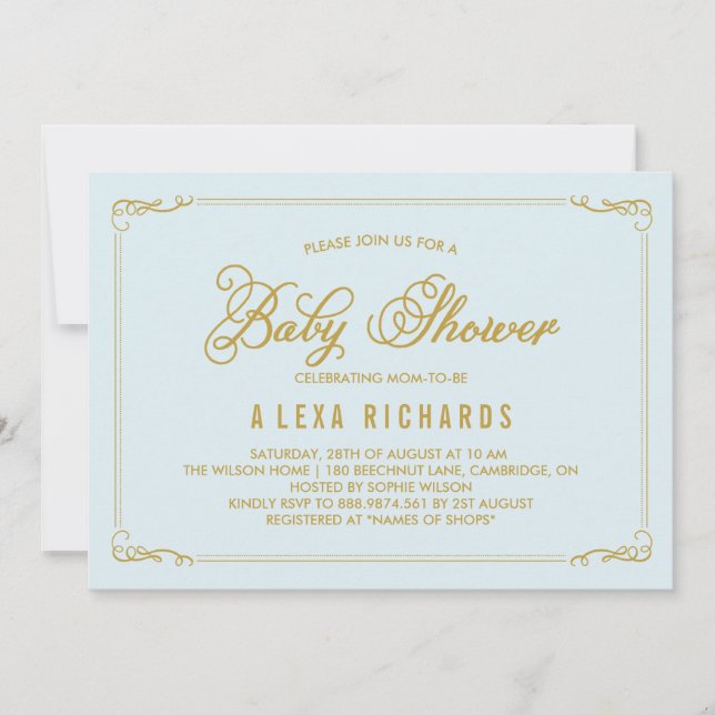 Invitation Bordures en or Whimsical Baby shower bleu clair (Devant)