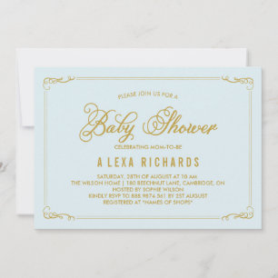 Invitation Bordures en or Whimsical Baby shower bleu clair