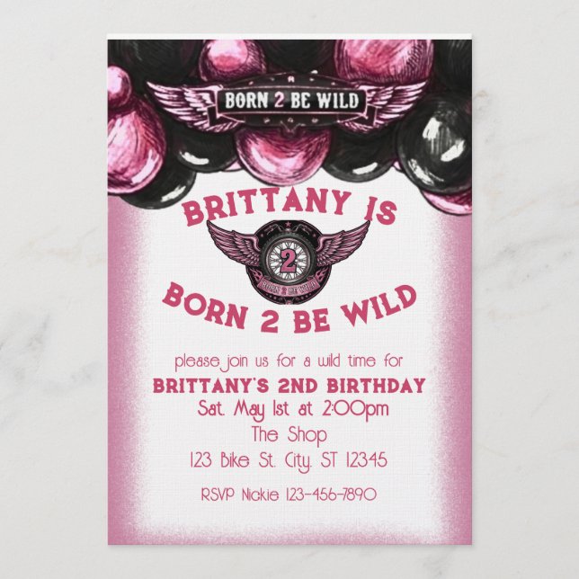 Invitation Born 2 Be Wild Pink, Black Motorcycle 2nd Birthday (Devant)