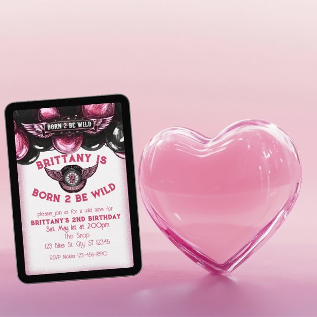 Invitation Born 2 Be Wild Pink, Black Motorcycle 2nd Birthday (Créateur téléchargé)