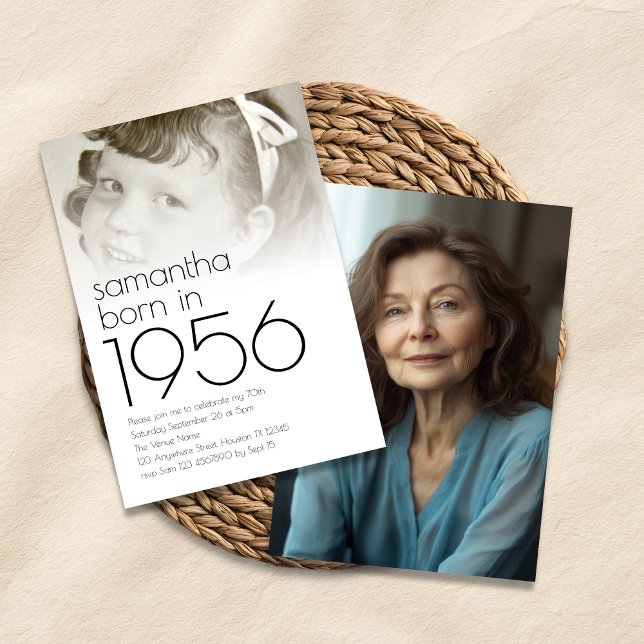 Invitation Born in 1956 Overlay 2 Photos 70th Birthday Party (Front and back view)