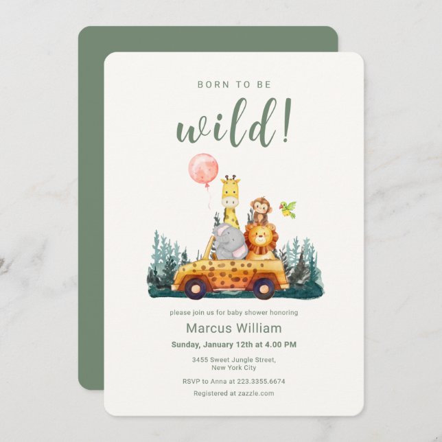 Invitation Born To Be Wild Safari Animals Baby Shower  (Devant / Derrière)