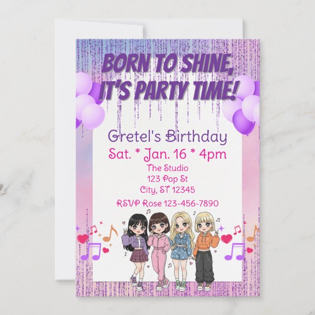 Invitation Born to Shine, Party Time, KPOP Girl Band Birthday (Devant)