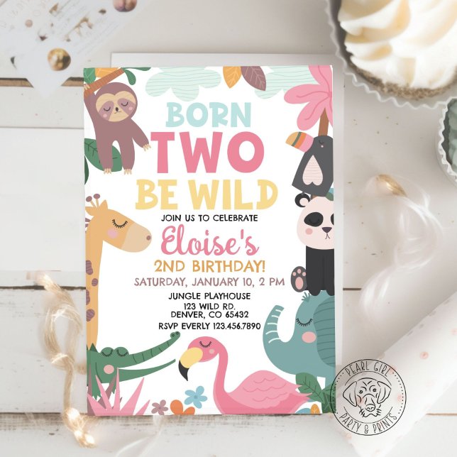 Invitation Born TWO Be Wild Pink Birthday (Créateur téléchargé)
