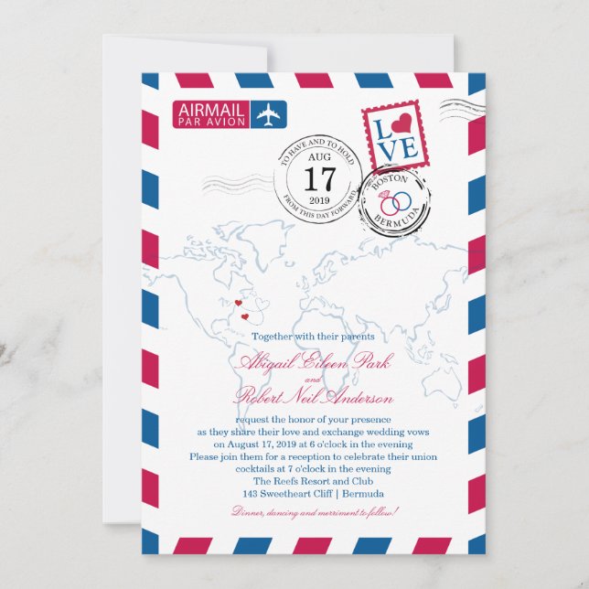 Invitation Boston aux Bermudes Mariage Airmail (Devant)