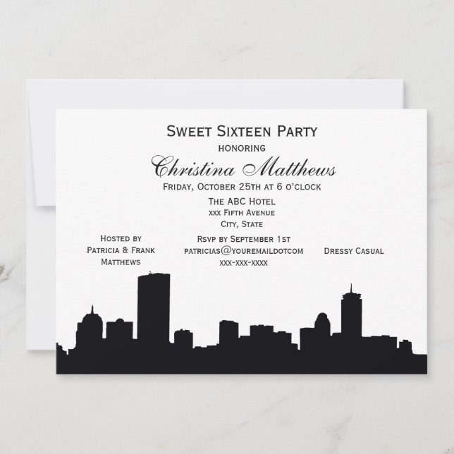 Invitation Boston Black Skyline Silhouette Sweet 16 Party (Devant)