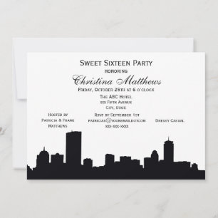 Invitation Boston Black Skyline Silhouette Sweet 16 Party
