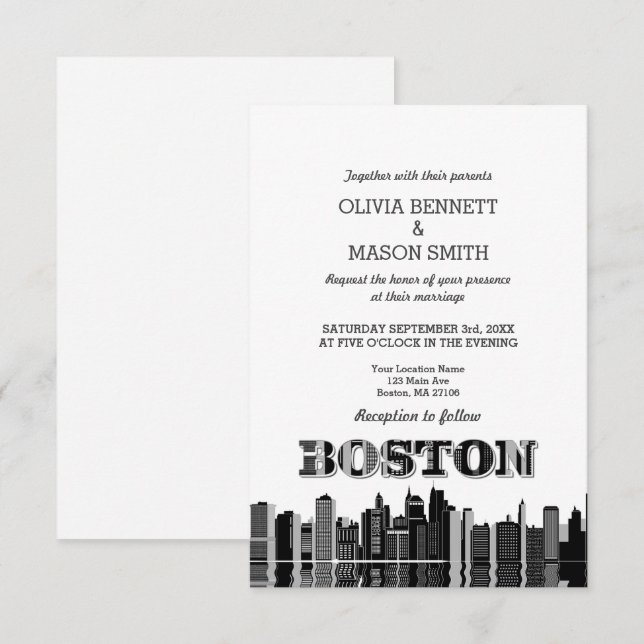 Invitation Boston Ma Skyline Cityscape (Devant / Derrière)