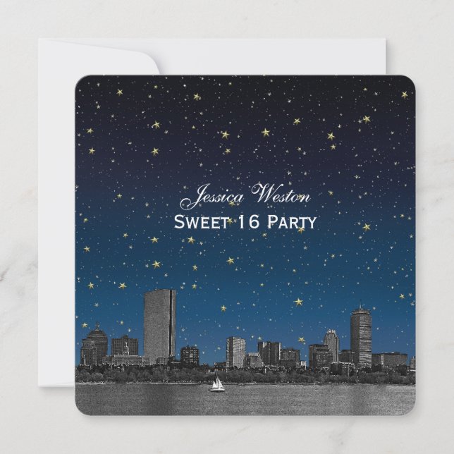Invitation Boston Skyline Blue Étoilé Gravé Sweet 16 (Devant)