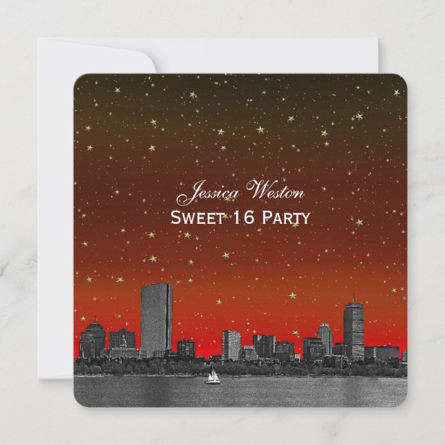 Invitation Boston Skyline Blue Starry Etched Sweet 16 (Devant)