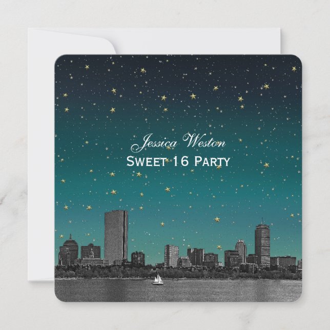 Invitation Boston Skyline Blue Starry Etched Sweet 16 (Devant)