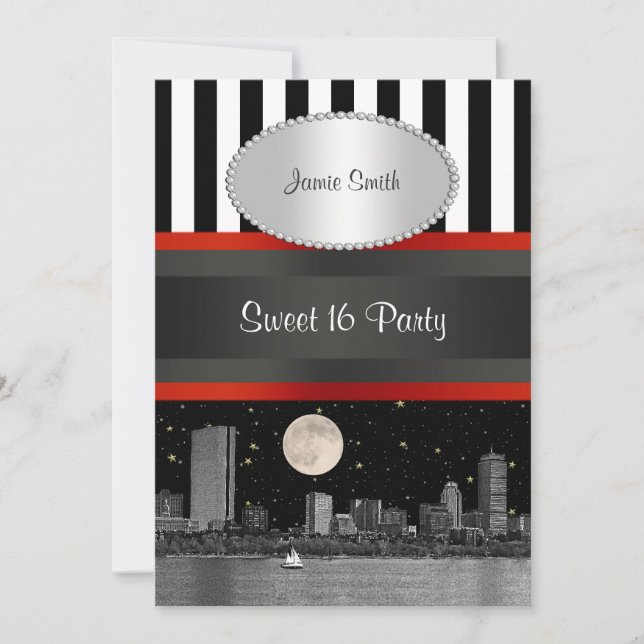 Invitation Boston Skyline BW Blk Wht Strp Red Sweet 16 Party (Devant)