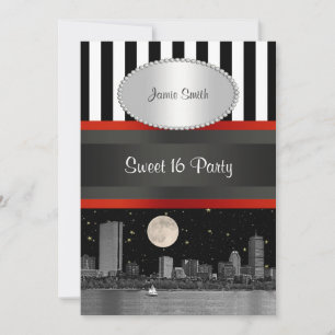 Invitation Boston Skyline BW Blk Wht Strp Red Sweet 16 Party