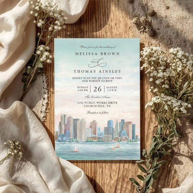 Invitation Boston Skyline Destination Elegant QR Code Wedding (Créateur téléchargé)