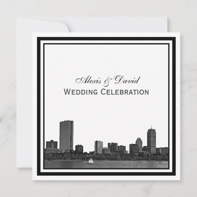 Invitation Boston Skyline Gravé Cadre L Mariage (Devant)