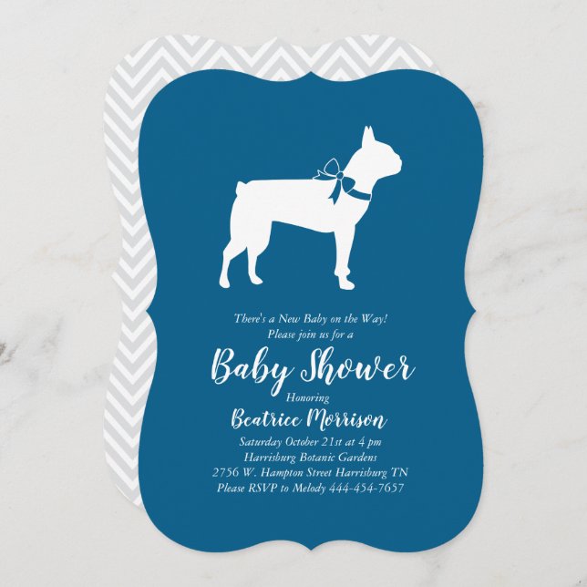 Invitation Boston Terrier Chien Baby shower Blue Boy (Devant / Derrière)