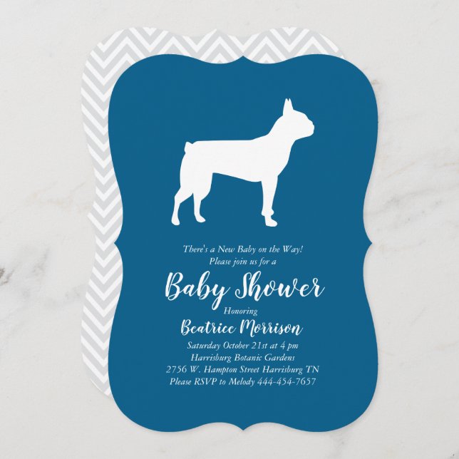 Invitation Boston Terrier Chien Baby shower Blue Boy (Devant / Derrière)