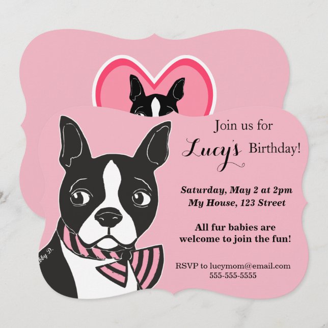 Invitation Boston Terrier rose Anniversaire Personnalisé Invi (Devant / Derrière)