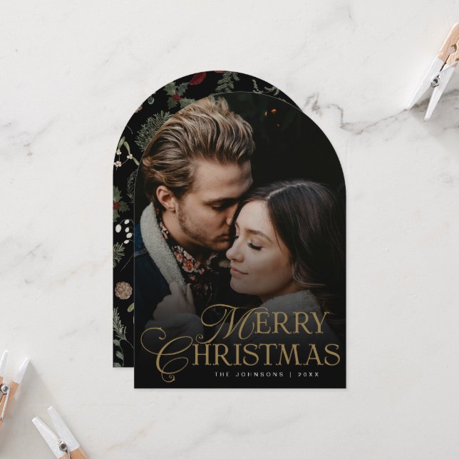 Invitation Botanical Arch Photo Merry Christmas Holiday Card (Devant/Arrière en situation)
