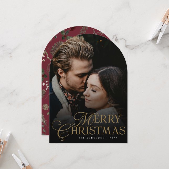 Invitation Botanical Arch Photo Red Christmas Holiday Card (Devant/Arrière en situation)