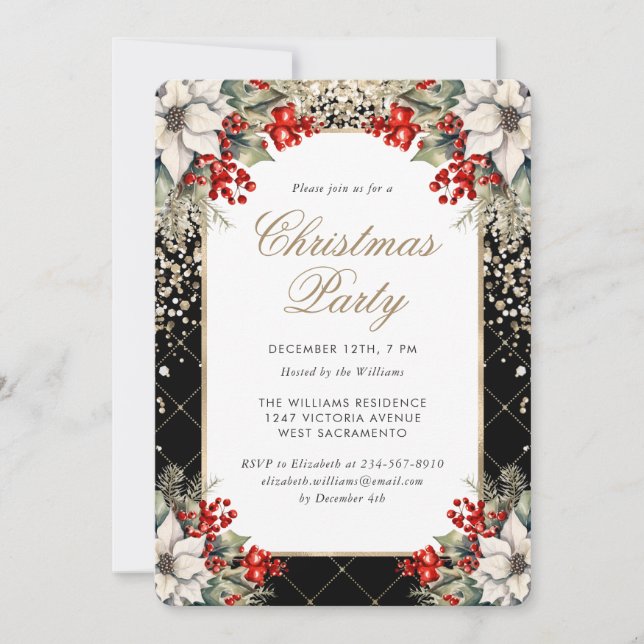 Invitation Botanical Black Gold Elegant Christmas Party (Devant)