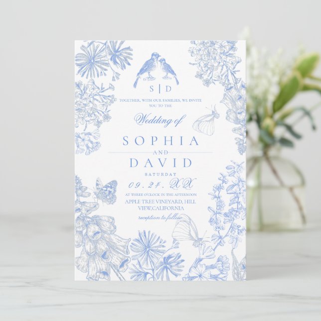 Invitation Botanical Blue White Rustic Wildflowers Wedding  (Debout devant)