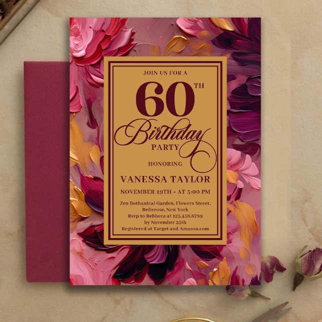 Invitation Botanical Boho 60th Birthday Burgundy Floral Gold (Botanical 60th Birthday Burgundy Floral Gold Invitation)