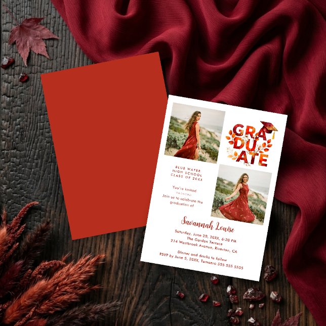 Invitation Botanical Boho Red Shades Graduation 2-Photo (Botanical Boho Graduation Invitation with 2-Photo Layout in Red Shades and Digital Download. )