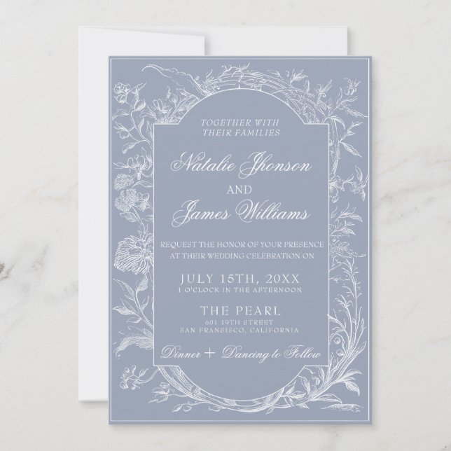 Invitation Botanical Dusty Blue Floral Boho classy Wedding  (Devant)