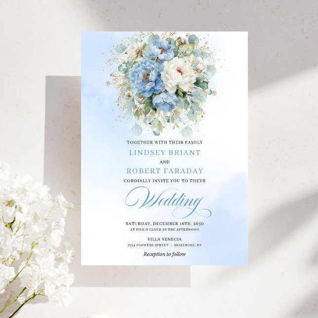 Invitation Botanical Dusty Blue White Peony Wedding Invites (Botanical Dusty Blue White Peony Wedding Invitation)