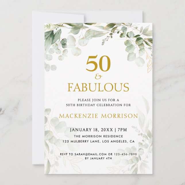 Invitation Botanical Fifty and Fabulous Script Birthday Party (Devant)