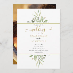 Invitation Botanical Greenery Photo Gold Script Mariage