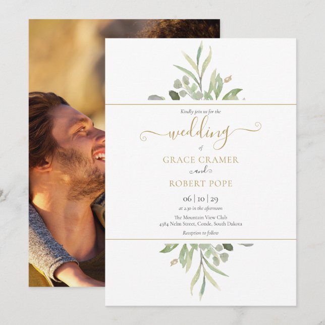 Invitation Botanical Greenery Photo Gold Script Mariage (Devant / Derrière)