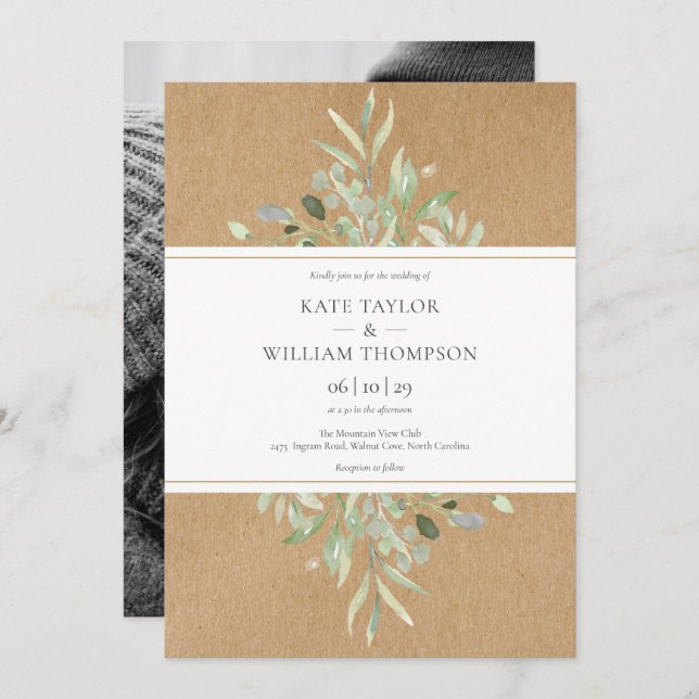 Invitation Botanical Greenery Rustic Kraft Photo Mariage (Devant / Derrière)
