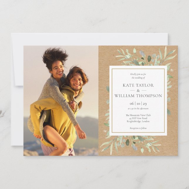 Invitation Botanical Greenery Rustic Kraft Photos Mariage (Devant)