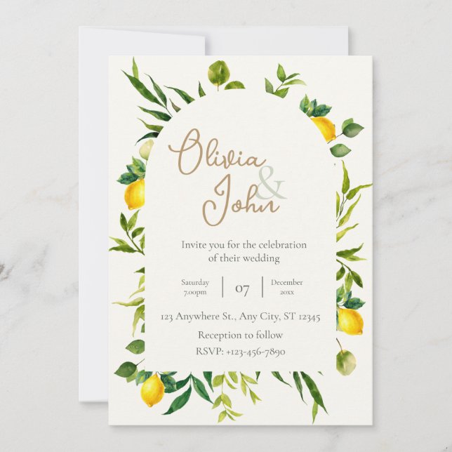 Invitation Botanical Lemon Citrus Wreath Greenery Wedding (Devant)