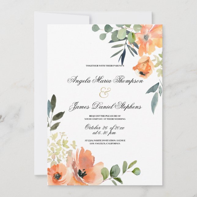 Invitation Botanical mint green coral pink floral wedding  (Devant)
