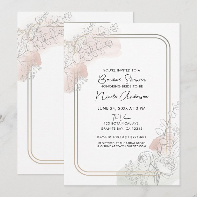 Invitation Botanical Outline Sage Blush Floral Bridal Shower (Devant / Derrière)