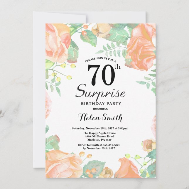 Invitation Botanical Peach Floral Surprise 70e anniversaire (Devant)