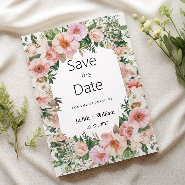 Invitation Botanical pink blossom summer floral Save the Date (Botanical pink blossom summer floral Save the Date )