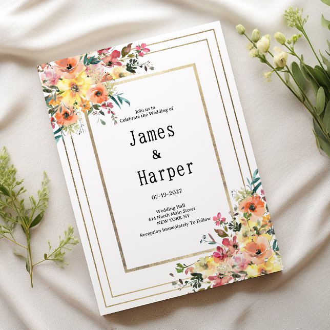 Invitation Botanical pink orange gold floral country Wedding  (Botanical pink orange gold floral country Wedding )