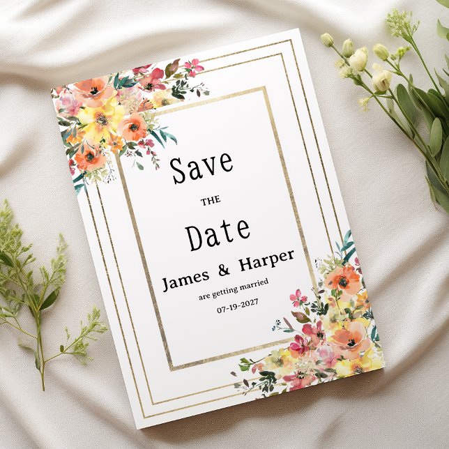 Invitation Botanical pink orange gold floral Save the Date (Botanical pink orange gold floral Save the Date)