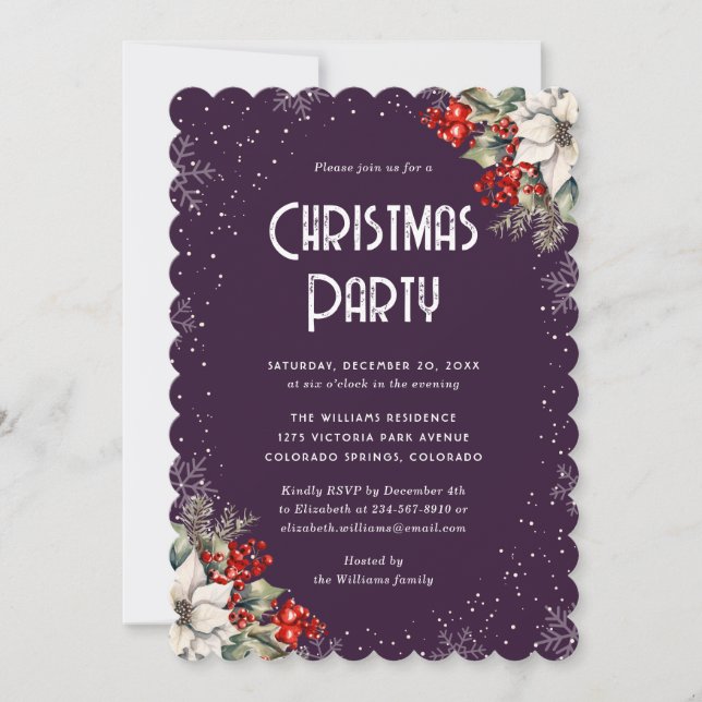 Invitation Botanical Snowflake Purple Christmas Party (Devant)